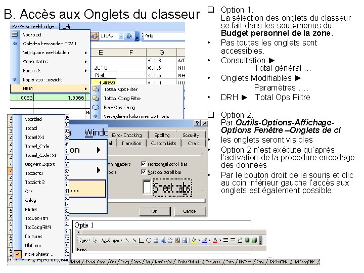 B. Accès aux Onglets du classeur q Option 1. La sélection des onglets du