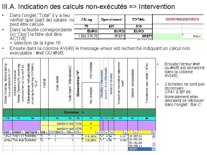 III. A. Indication des calculs non-exécutés => Intervention • • • Dans l’onglet “Total”