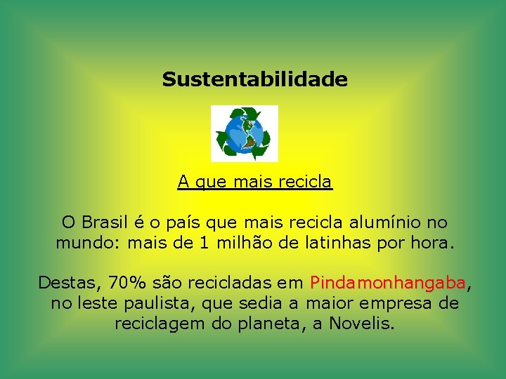 Sustentabilidade A que mais recicla O Brasil é o país que mais recicla alumínio