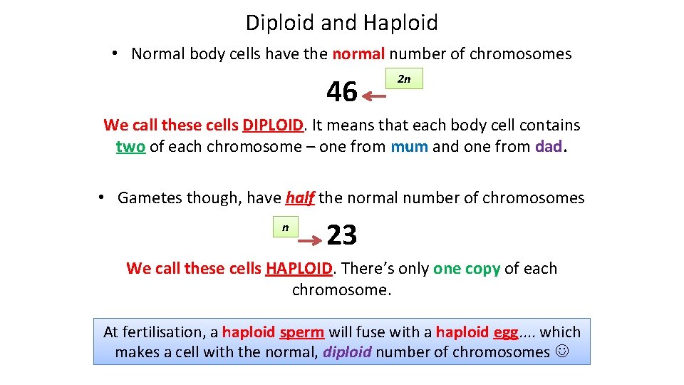 Diploid and Haploid • Normal body cells have the normal number of chromosomes 46
