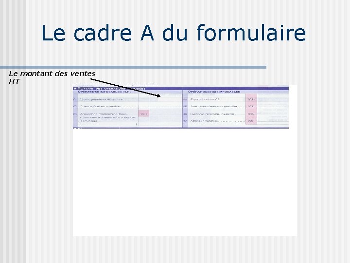 Le cadre A du formulaire Le montant des ventes HT 
