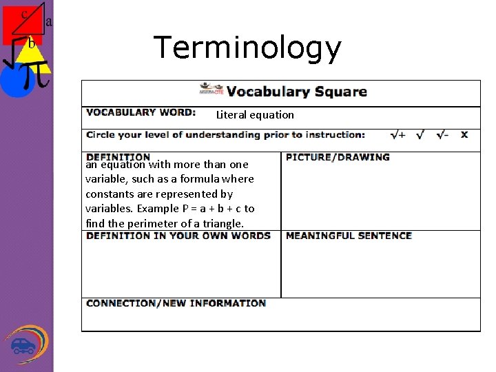 Terminology Literal equation an equation with more than one variable, such as a formula