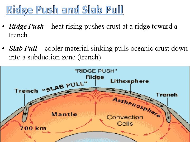 Ridge Push and Slab Pull • Ridge Push – heat rising pushes crust at