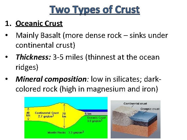 Two Types of Crust 1. Oceanic Crust • Mainly Basalt (more dense rock –