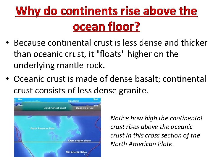 Why do continents rise above the ocean floor? • Because continental crust is less