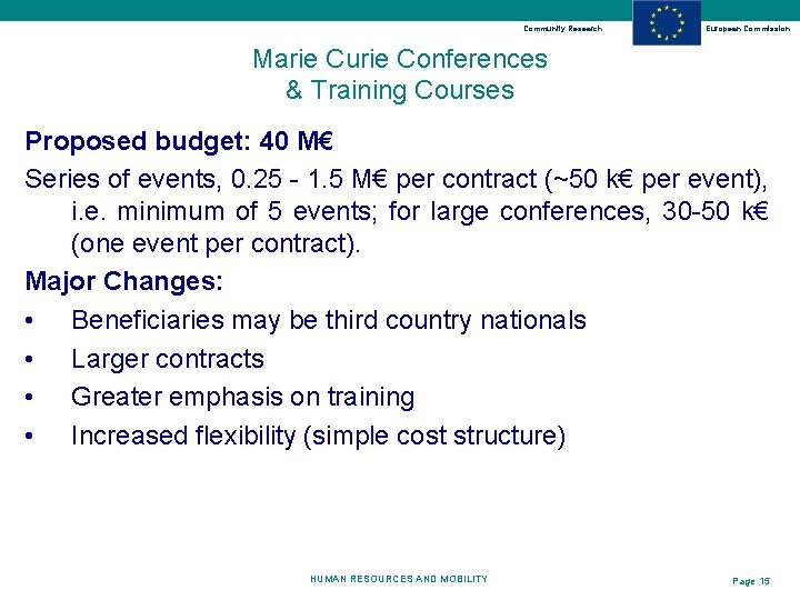 Community Research European Commission Marie Curie Conferences & Training Courses Proposed budget: 40 M€