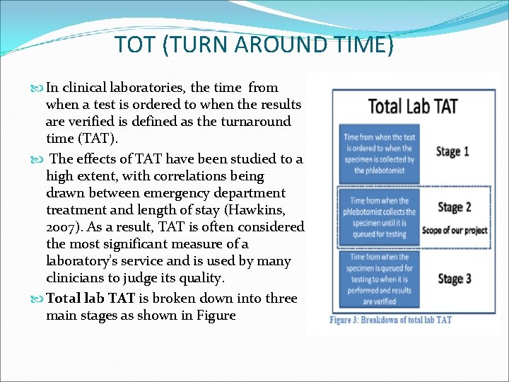 TOT (TURN AROUND TIME) In clinical laboratories, the time from when a test is