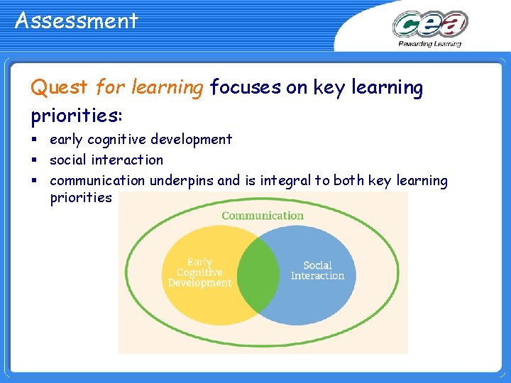 Assessment Quest for learning focuses on key learning priorities: § early cognitive development §