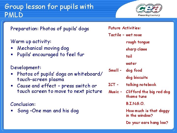 Group lesson for pupils with PMLD Preparation: Photos of pupils’ dogs Future Activities: Tactile