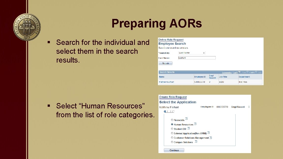 Preparing AORs § Search for the individual and select them in the search results.