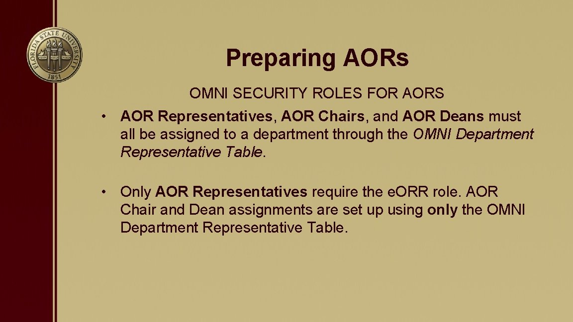 Preparing AORs OMNI SECURITY ROLES FOR AORS • AOR Representatives, AOR Chairs, and AOR