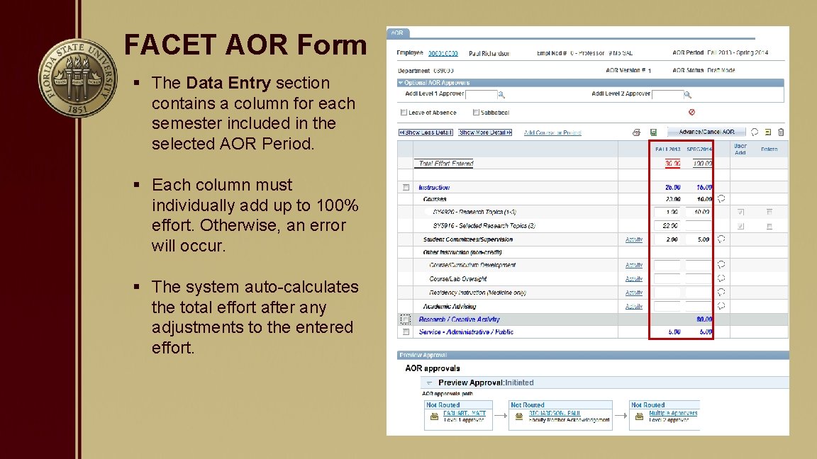 FACET AOR Form § The Data Entry section contains a column for each semester