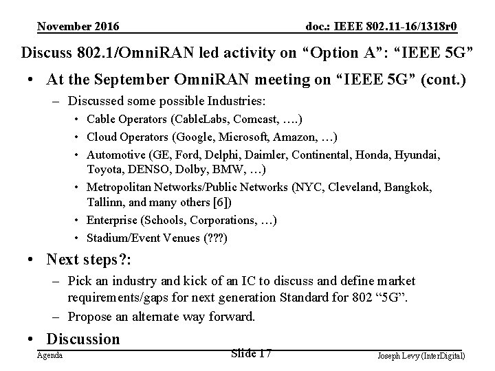 November 2016 doc. : IEEE 802. 11 -16/1318 r 0 Discuss 802. 1/Omni. RAN