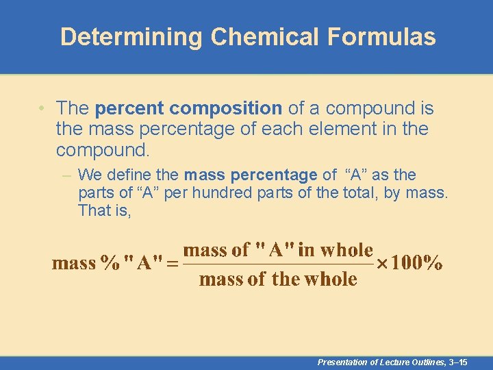 Determining Chemical Formulas • The percent composition of a compound is the mass percentage
