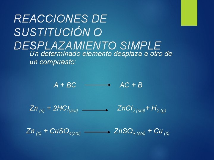 REACCIONES DE SUSTITUCIÓN O DESPLAZAMIENTO SIMPLE Un determinado elemento desplaza a otro de un