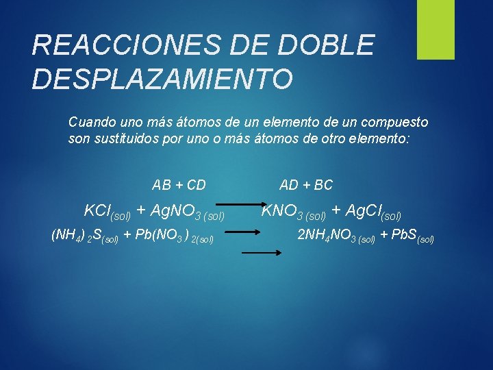REACCIONES DE DOBLE DESPLAZAMIENTO Cuando uno más átomos de un elemento de un compuesto