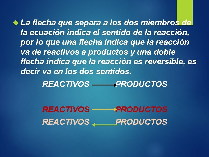  La flecha que separa a los dos miembros de la ecuación indica el