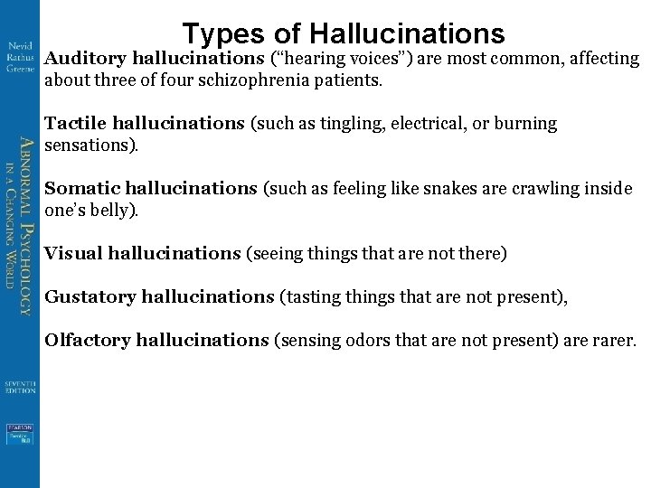 Types of Hallucinations Auditory hallucinations (“hearing voices”) are most common, affecting about three of