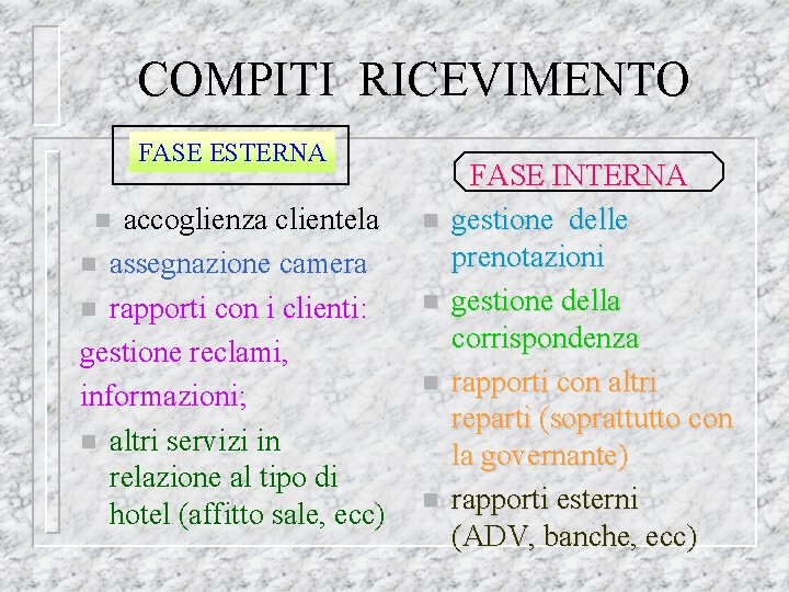 COMPITI RICEVIMENTO FASE ESTERNA accoglienza clientela n assegnazione camera n rapporti con i clienti: