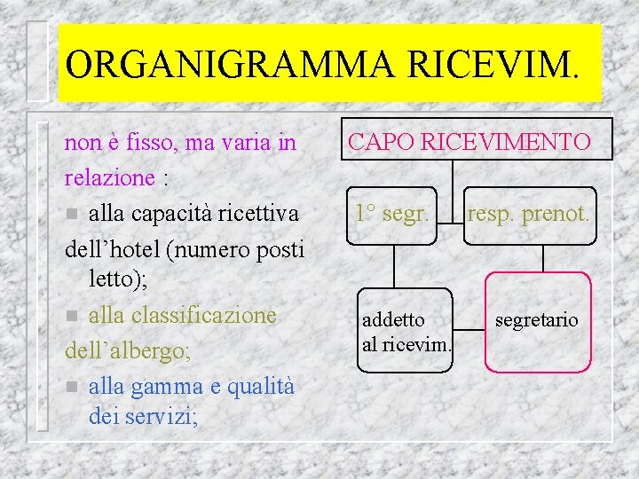 ORGANIGRAMMA RICEVIM. non è fisso, ma varia in relazione : n alla capacità ricettiva