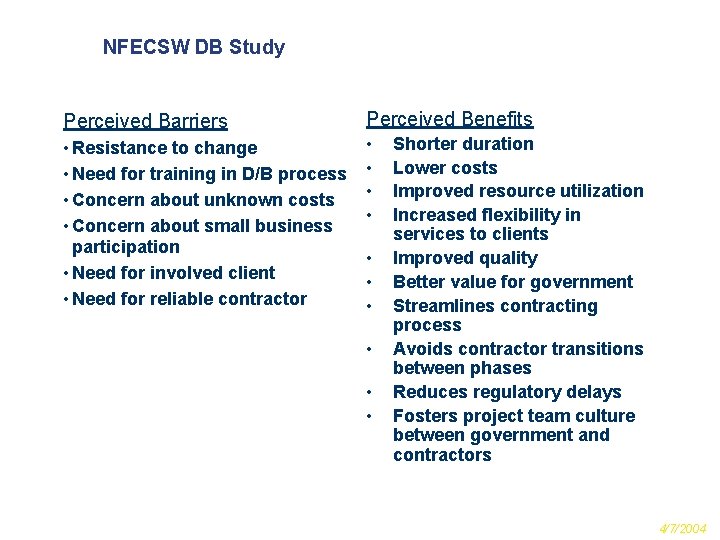 NFECSW DB Study Perceived Barriers Perceived Benefits • Resistance to change • Need for