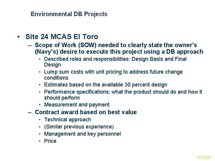 Environmental DB Projects • Site 24 MCAS El Toro – Scope of Work (SOW)