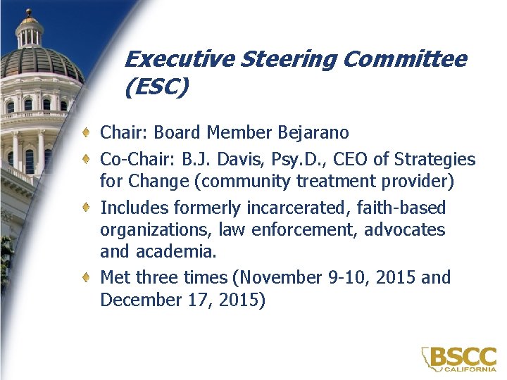 Executive Steering Committee (ESC) Chair: Board Member Bejarano Co-Chair: B. J. Davis, Psy. D.