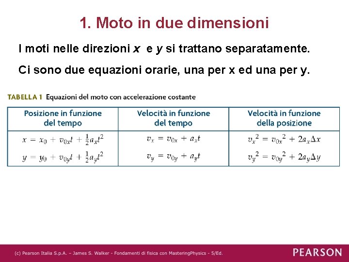 1. Moto in due dimensioni I moti nelle direzioni x e y si trattano