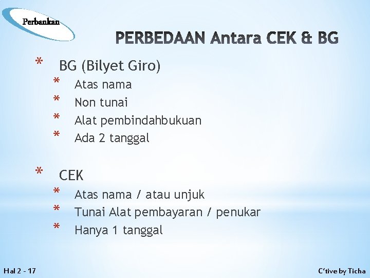 Perbankan * * Hal 2 - 17 PERBEDAAN Antara CEK & BG BG (Bilyet