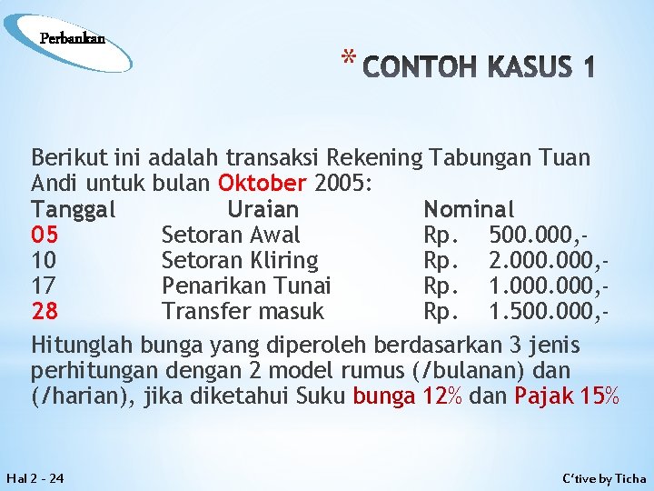 Perbankan * CONTOH KASUS 1 Berikut ini adalah transaksi Rekening Tabungan Tuan Andi untuk