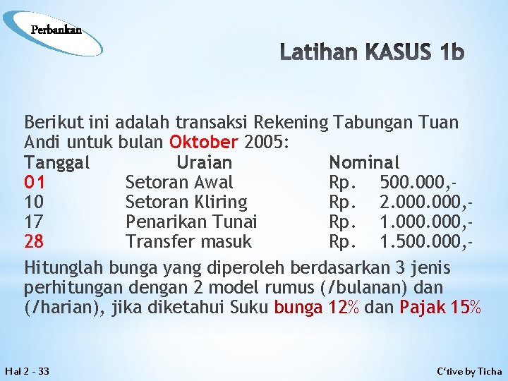 Perbankan Latihan KASUS 1 b Berikut ini adalah transaksi Rekening Tabungan Tuan Andi untuk