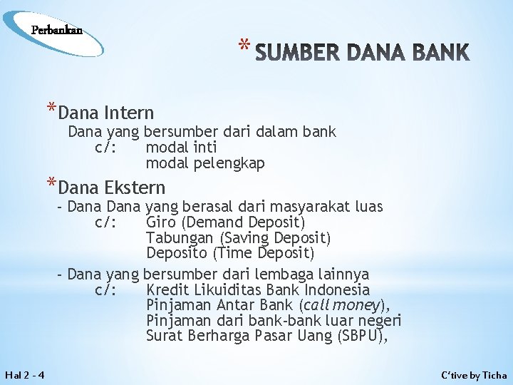 Perbankan * SUMBER DANA BANK *Dana Intern Dana yang bersumber dari dalam bank c/: