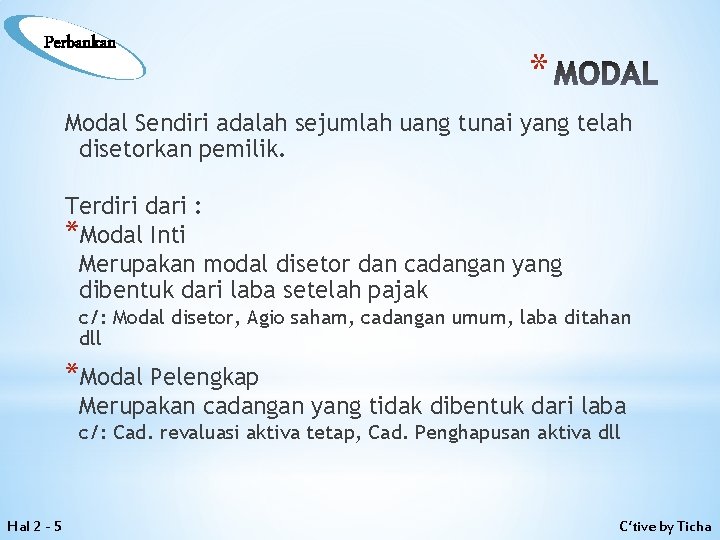Perbankan * MODAL Modal Sendiri adalah sejumlah uang tunai yang telah disetorkan pemilik. Terdiri
