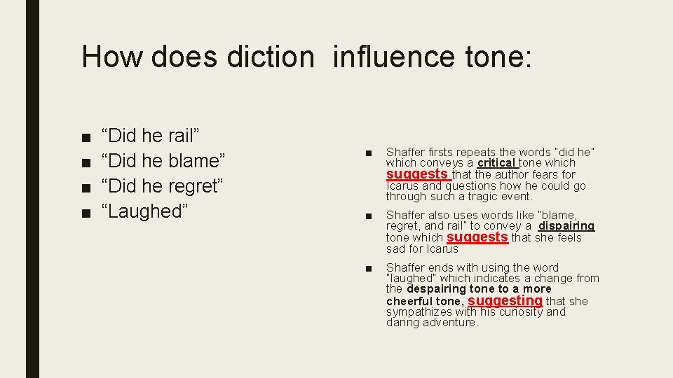 How does diction influence tone: ■ ■ “Did he rail” “Did he blame” “Did