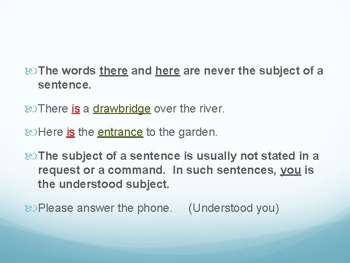  The words there and here are never the subject of a sentence. There