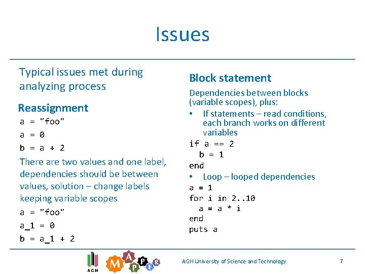 Issues Typical issues met during analyzing process Reassignment a = "foo" a = 0 Issues Typical issues met during analyzing process Reassignment a = "foo" a = 0