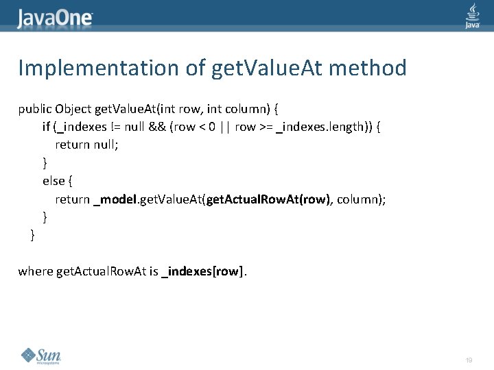Implementation of get. Value. At method public Object get. Value. At(int row, int column)