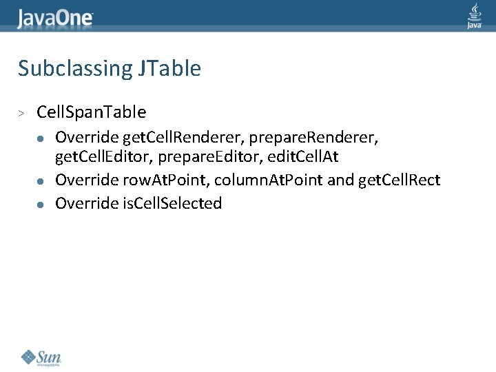 Subclassing JTable > Cell. Span. Table l l l Override get. Cell. Renderer, prepare.
