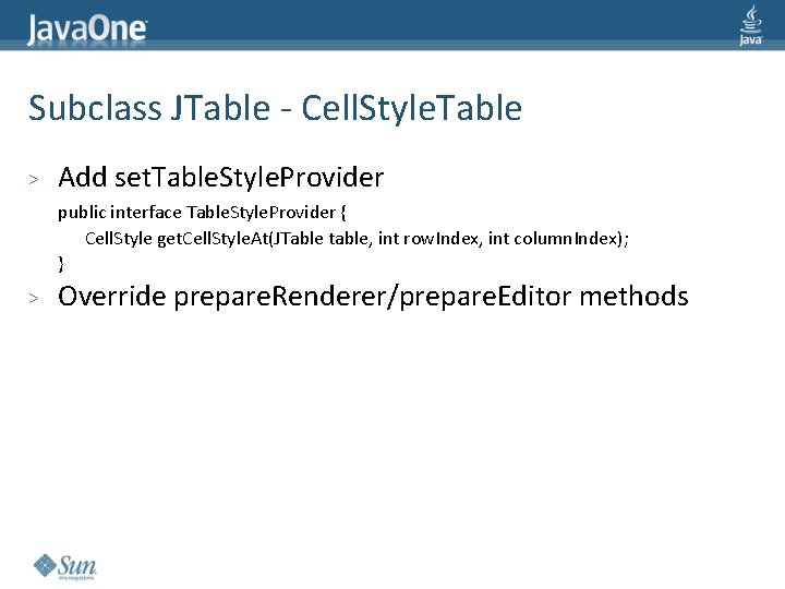 Subclass JTable - Cell. Style. Table > Add set. Table. Style. Provider public interface