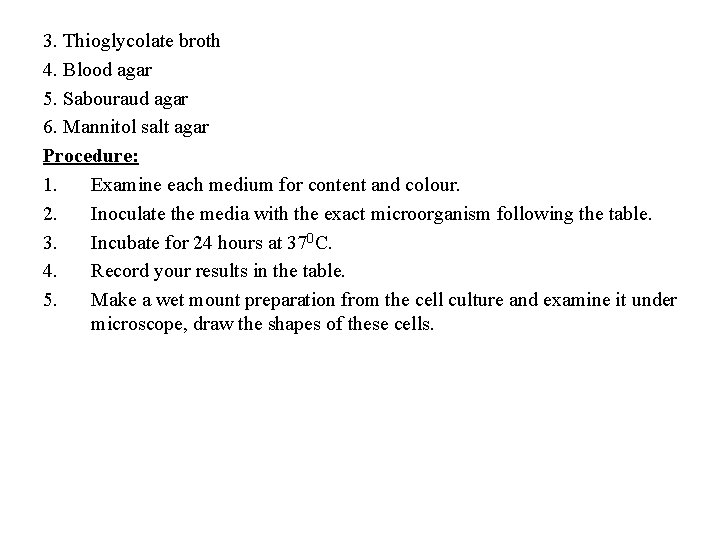 3. Thioglycolate broth 4. Blood agar 5. Sabouraud agar 6. Mannitol salt agar Procedure: