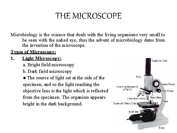 THE MICROSCOPE Microbiology is the science that deals with the living organisms very small