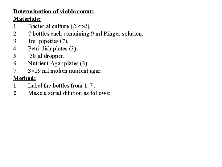 Determination of viable count: Materials: 1. Bacterial culture (E. coli). 2. 7 bottles each