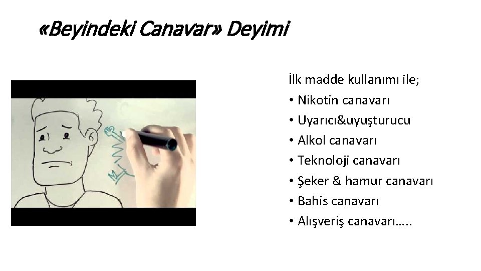  «Beyindeki Canavar» Deyimi İlk madde kullanımı ile; • Nikotin canavarı • Uyarıcı&uyuşturucu •