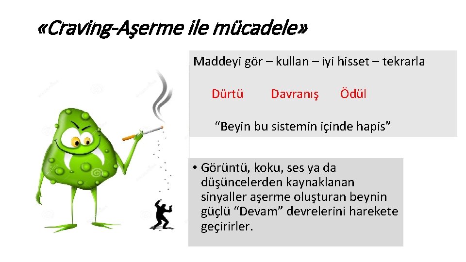  «Craving-Aşerme ile mücadele» Maddeyi gör – kullan – iyi hisset – tekrarla Dürtü