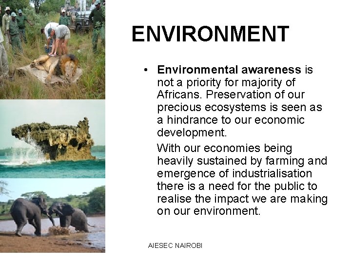 ENVIRONMENT • Environmental awareness is not a priority for majority of Africans. Preservation of