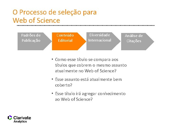 O Processo de seleção para Web of Science Padrões de Publicação Conteúdo Editorial Diversidade