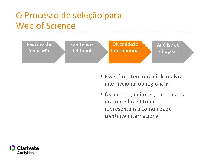 O Processo de seleção para Web of Science Padrões de Publicação Conteúdo Editorial Diversidade