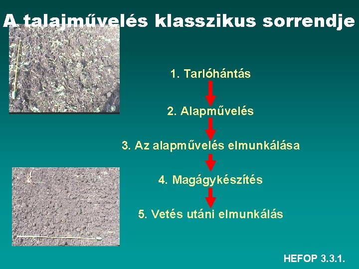 A talajművelés klasszikus sorrendje 1. Tarlóhántás 2. Alapművelés 3. Az alapművelés elmunkálása 4. Magágykészítés