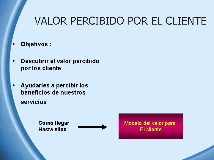 VALOR PERCIBIDO POR EL CLIENTE • Objetivos : • Descubrir el valor percibido por