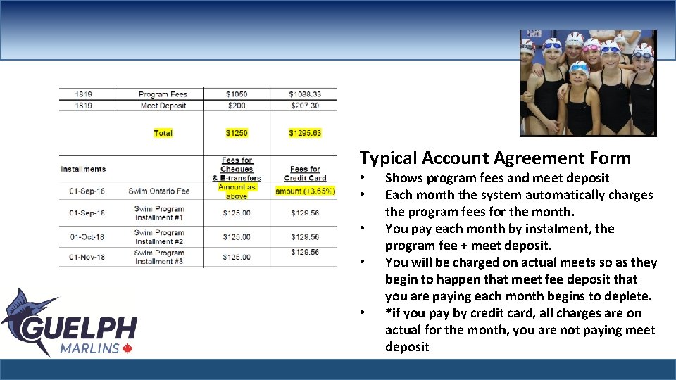 Typical Account Agreement Form • • • Shows program fees and meet deposit Each